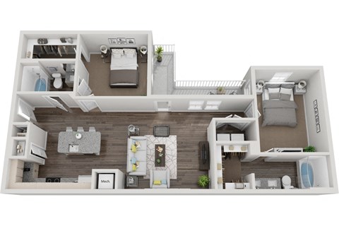 Floor plan for 2 beds, 2 baths, 1154 sqft